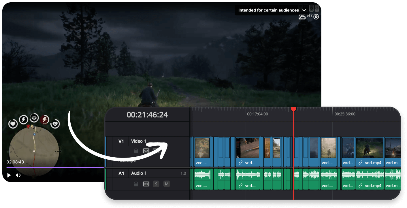 AI VOD editor interface converting Twitch streams to YouTube-ready videos
