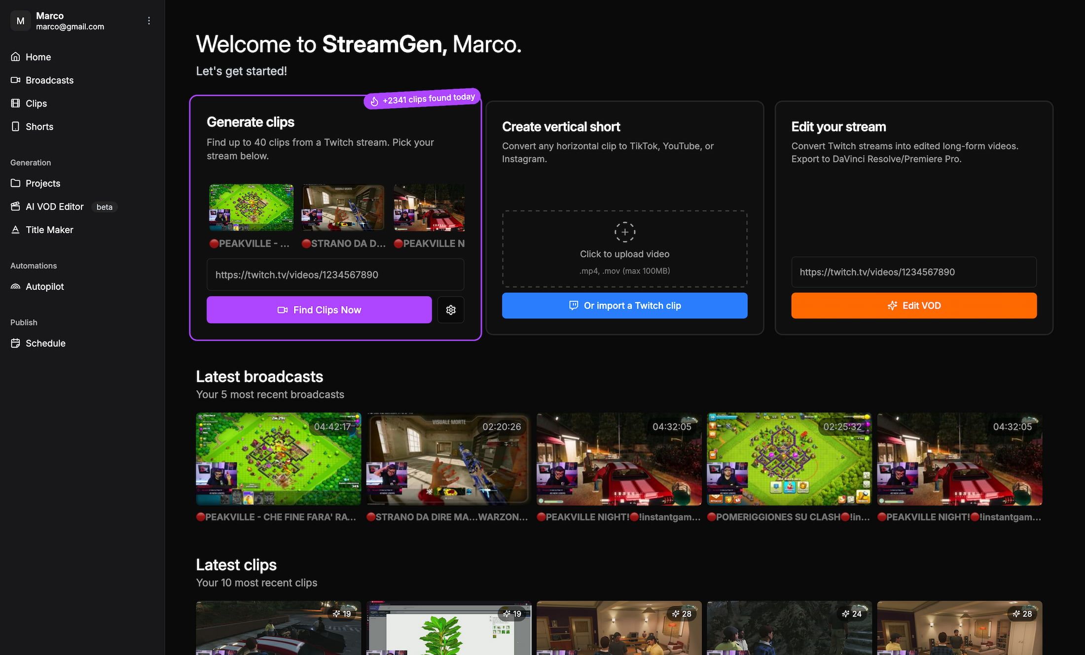 Twitch clip editor interface showing AI-powered clip detection and shorts creation tools