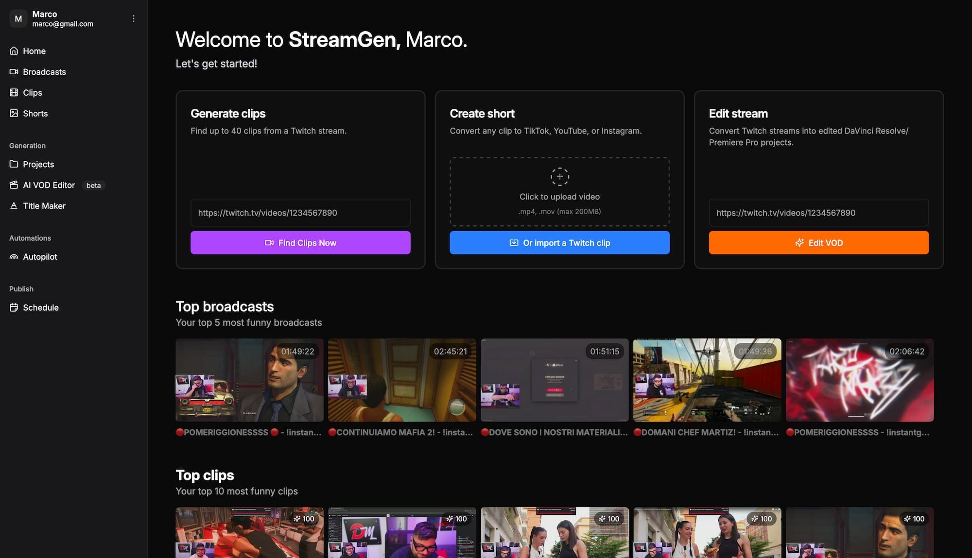Twitch clip editor interface showing AI-powered clip detection and shorts creation tools