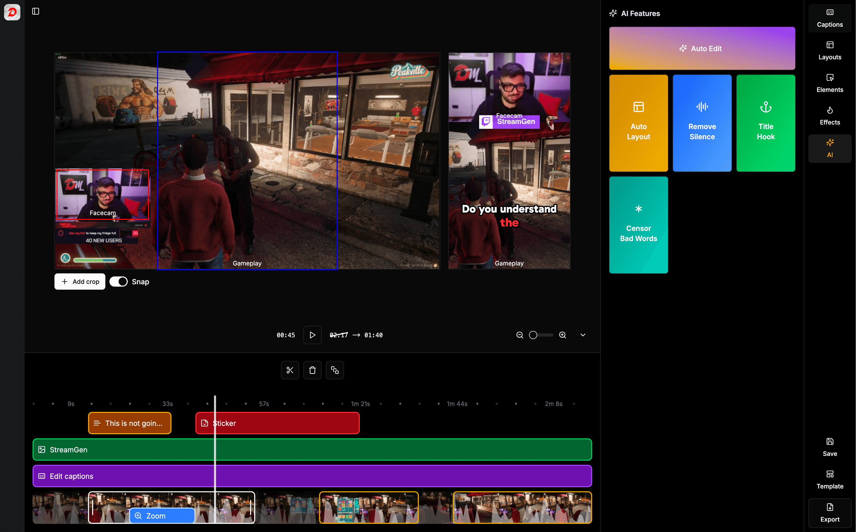 Twitch clip editor interface showing timeline, tools, and short creation features